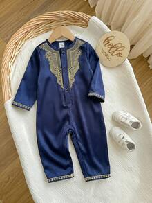 Newborn Baby Boy Cute Gold Pattern Romper, Autumn/Winter - Multicolor - View 3