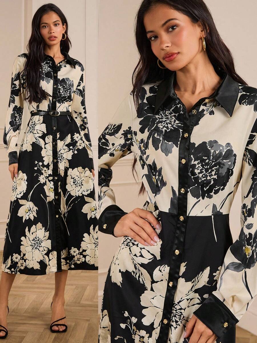 Lilora 女士优雅印花长袖衬衫裙，真丝衬衫裙，花卉图案，春季百搭女装，优雅时尚女士印花连衣裙，长袖印花连衣裙，纽扣连衣裙，适合舞会、晚宴、春夏等场合。 - 彩色 - 查看 1