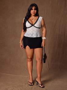 Rustia Spring, Summer, Fall Lace Patchwork V-Neck Cap Sleeve Sexy Sheer Lace Top - White - View 5