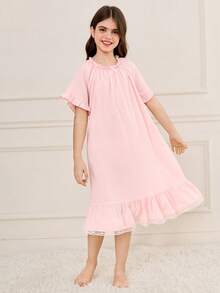 SHEIN Tween Girl Round Neck Short Sleeve Ruffle Trim Midi Dress - Pink - View 3