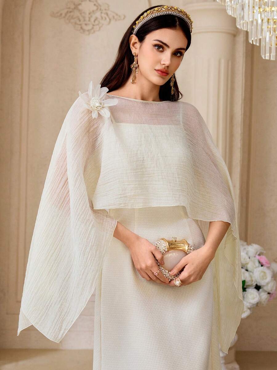 Modelyn Đầm dạ hội dài trang trọng dành cho nữ, với họa tiết hoa 3D tinh tế. - Màu be - Xem 1