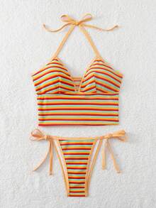 Swim Mod Women's Pride Month Multicolor Striped Bikini Set,Orange Summer Beach Vacation Casual Two Pieces Swimwear Fabric Bathing Suit For Party Tanning - Multicolor - View 6