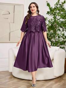 Reflora Plus Size Women Crew Neck Short Sleeve Jacquard Elegant Dress - Purple - View 10