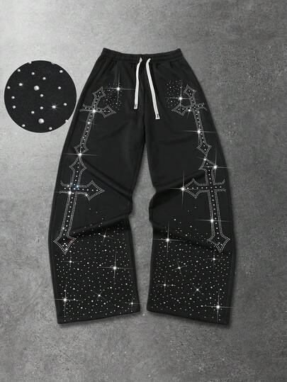 Street Life Pantaloni della tuta casual alla moda da uomo con cordoncino e decorazioni in strass