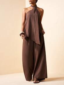 Zivah 女士纯色露背不对称下摆上衣搭配阔腿裤休闲套装 - 棕色 - 查看 4