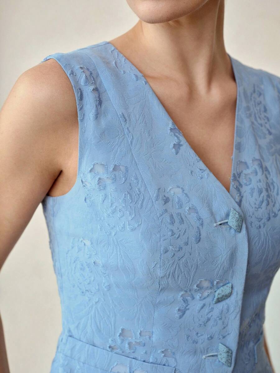 MOTF PREMIUM FASHIONABLE & ELEGANT CUSTOM-MADE V-NECK SLEEVELESS FITTED TOP & PANTS WOMEN 2 PIECES SET, SPRING/SUMMER - Baby Blue - View 2