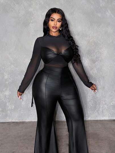 Slaydiva 2026春夏秋冬新款优雅通勤、休闲外出、聚会、约会、晚宴、万圣节、情人节修身纯黑色网纱透视弹力针织面料黑色PU扭结胸部装饰加大码连体裤 - 黑色