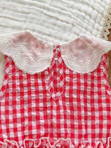Vintaside Kids Girls' Sleeveless Lace Collar Plaid Casual Dress, Suitable For Traveling, Vacation, Camping Or Daily Outings - Red - View 7