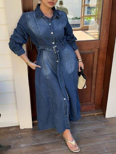 Dazy Plus Trendig tvättad vintage-klänning med sliten krage, öppen framtill, åtsittande midja och lång A-linjeformad denim, vår/höst