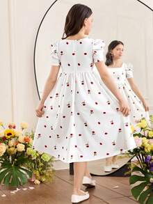 SHEIN 少女时尚优雅碎花方领短袖连衣裙 - 紅白色 - 查看 6