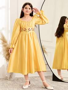 SHEIN Đầm dài tay cổ vuông thời trang và thanh lịch dành cho bé gái tuổi teen - Màu vàng - Xem 3