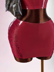 Amplova Women's Sexy 2 Pieces Set: Criss-Cross Lace Crop Top And Ultra Low-Waist Lace Patchwork Mini Skirt - Burgundy - View 6