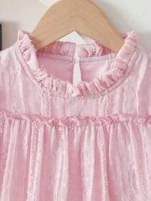 SHEIN Vintaside Kids 女童优雅公主风荷叶边领泡泡袖提花刺绣双层荷叶边下摆宽松公主裙，适合度假、旅行、派对、送礼、春秋季穿着。 - 粉色 - 查看 4