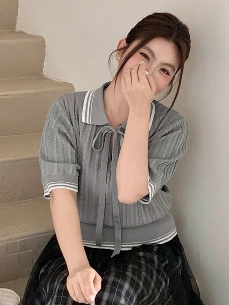 Dazy Plus Pony Embroidery Contrast Color Block Polo Collar Short Sleeve Knit Top For Women