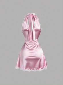 Sweetra Women's Spring Lace Trim V-Neck Fitted A-Line Sexy Pink Dress - Pink - View 2