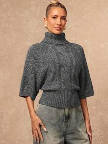 Lumalex Turtleneck Short Sleeve Cinched Waist Batwing Sleeve Cape Textured Women Sweater - Dark Grey - View 8