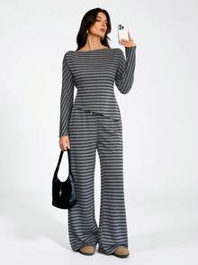 SHEIN Tall 2026 新款极简主义秋季女装条纹不对称肩部上衣和裤子两件套，露肩连体裤，条纹套装，长袖连体裤，适合外出穿搭、街头风和斯德哥尔摩风格，舒适的秋冬两季女装，条纹休闲套装，家居服 - 黑色 - 查看 4