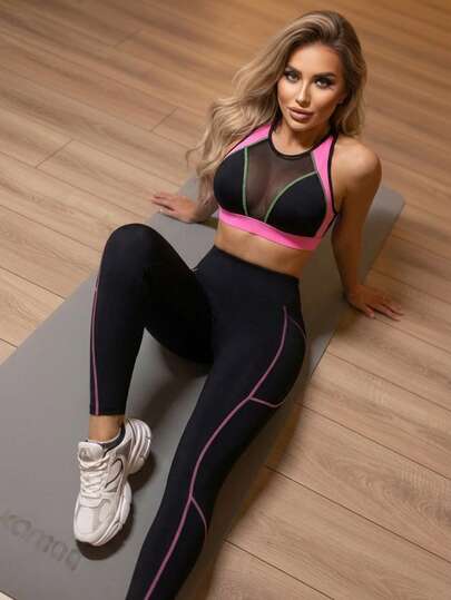 Innovista Conjunto de top de tirantes de malla y leggings de bloques de color para tenis de mujer