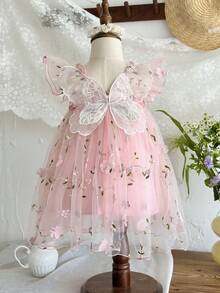 LMoss Kids Vestido casual para niña con cuello cuadrado, volantes y bordado de malla de unicolor tejido - Rosa - Ver 5