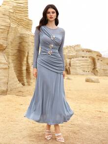 Modelyn Lace Patchwork Metal Buckle Pleated Waist Fitted Bodycon Long Sleeve Dress For Women, Autumn - Baby Blue - View 5