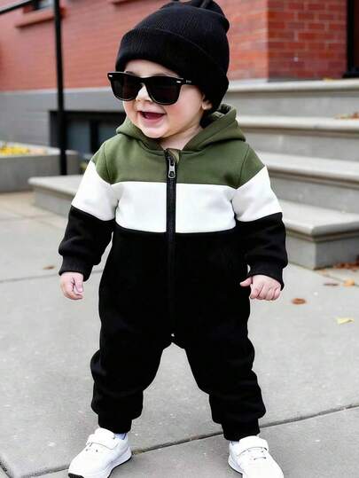 SHEIN Playful Pals 3-24个月男婴撞色“小绅士”连帽长袖连体衣，春秋冬季男婴休闲连体衣，新生儿拉链连体衣，男婴休闲拉链连体衣，男婴运动服，男婴保暖连体衣