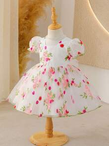 Glamorique Kids White And Pink,Summer,Elegant,Party Baby Girl's Embroidered Tulle Full Skirt Dress,Short-Sleeved One-Piece Princess Dress For Birthday,Wedding,Easter - Beige - View 7