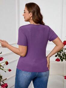 SHEIN Clasi Áo thun cỡ lớn thanh lịch thêu hoa và đính đá, thích hợp cho mùa hè. - Màu tím - Xem 6