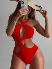 Swim SXY Women's Solid Color Sexy Hollow-Out One-Piece Swimsuit For Beach Vacation One Piece Swimsuit Birthday Valentines Halter Neck Swimsuit Red Swimsuit Christmas Monokini Swimsuit Sexy Cutout One Piece Swimsuit Valentine's Day Search Beachwear One Piece Womens Red Swimsuit Red Cutout Swimsuit Sexy One Piece Holiday - Red - View 3