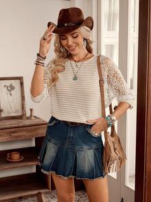 LanaWest Women's Western Casual Knit Jacquard Striped Contrast Lace Sleeve Loose Daily T-Shirt - Apricot - View 3