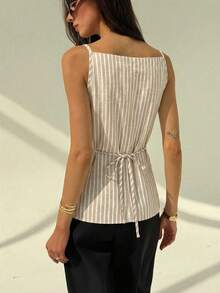 Aloruh 女士优雅露肩无袖条纹薄款西装背心 - 彩色 - 查看 3