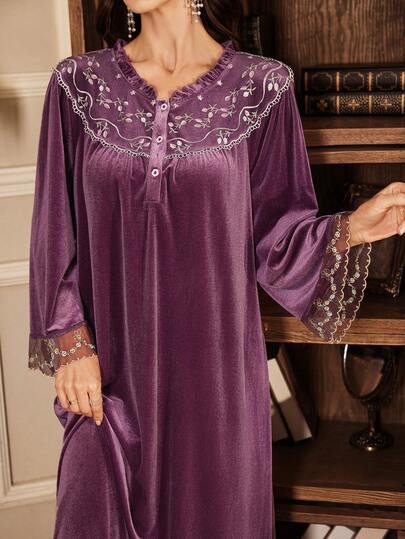SHEIN Women's Vintage Palace Embroidered Lace Trim Loose Velvet Long Nightgown