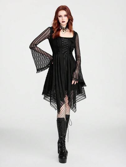 Breakform Women's Gothic Elegant Lace Patchwork Solid Color Knitted Fabric Double-Layer Square Collar Frill Trim Eyelet Tie Flare Sleeve Asymmetrical Hem Short Dress
