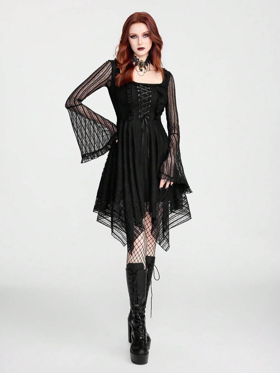 Breakform Đầm ngắn nữ phong cách Gothic thanh lịch, phối ren, màu trơn, chất liệu vải dệt kim, hai lớp, cổ vuông, viền bèo nhún, thắt nơ, tay loe, vạt bất đối xứng. - màu đen - Xem 1