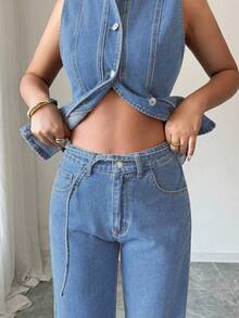 Elenzga Women's Casual Commuter Denim Vest And Pants Set Spring  Summer  Elegant - Light Wash - View 6