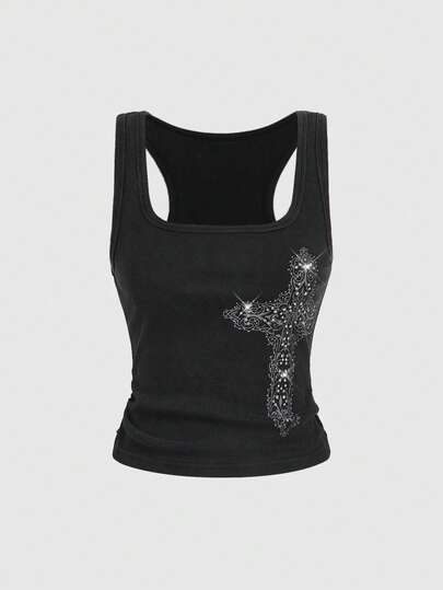 Street Life Camiseta ajustada con estampado de cruz de grunge y lavado con rhinestones