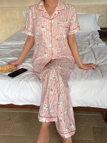 SHEIN Napfluff Bubble Wrinkle Cute Puppy Print Short Sleeve Pajama Set - Pink - View 5