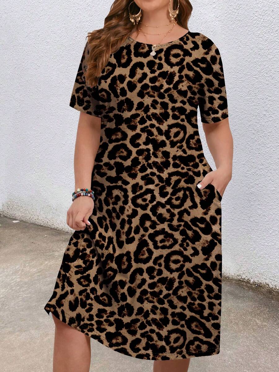EMERY ROSE Plus Size Vintage Leopard Print Dress, Suitable For Vacation Spring - Multicolor - View 1