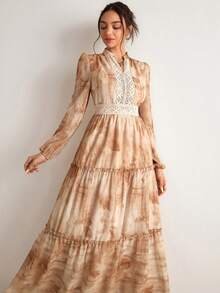 Freevana Robe imprimée de peinture à l'huile vintage bohème, robe à manches bouffantes, robe à col en V avec patchwork en dentelle à la taille, robe fluide en mousseline de soie imprimée de motifs botaniques camel, robe longue élégante pour les sorties et les vacances des femmes - Camel - Voir 5