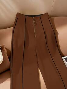 Franclia Pantalon ample à jambes larges pour femmes, couleur unie abricot avec rayures contrastées, décontracté pour tous les jours, polyvalent pour le travail, confortable, élégant à la française, printemps/automne, été - Tabac - Voir 3