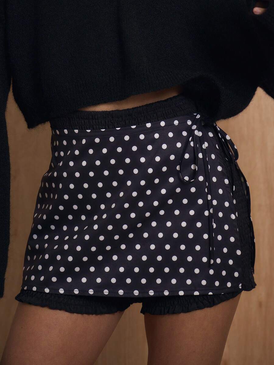 MUSERA Polka Dot Tie Wrap Over Smocked Elasticated Waist Mini Shorts Winter NewYear Cute Sexy Going Out Evening Party Accented Valentines Day - Black - View 1