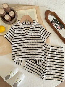 LMoss Kids 男童条纹针织 Polo 领 T 恤和短裤套装（2 件/套） - 彩色 - 查看 1