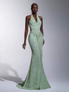 Elitara Elegant Mint Green Lace Halter Mermaid Tail Formal Evening Gown - Mint Green - View 1