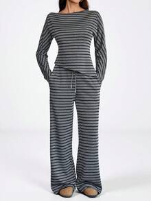 SHEIN Tall 2026 新款极简主义秋季女装条纹不对称肩部上衣和裤子两件套，露肩连体裤，条纹套装，长袖连体裤，适合外出穿搭、街头风和斯德哥尔摩风格，舒适的秋冬两季女装，条纹休闲套装，家居服 - 黑色 - 查看 2