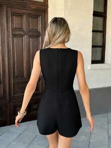 Pariaura 女士新款无袖圆领金属扭结装饰修身连体裤 - 黑色 - 查看 2