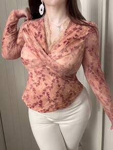 Dazy Plus Maglietta chiffon elegante a maniche lunghe con scollo a V, con inserti in pizzo, per donna taglie forti, primavera/estate - Rosa antico - Visualizzare 5