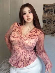 Dazy Plus Maglietta chiffon elegante a maniche lunghe con scollo a V, con inserti in pizzo, per donna taglie forti, primavera/estate - Rosa antico - Visualizzare 7