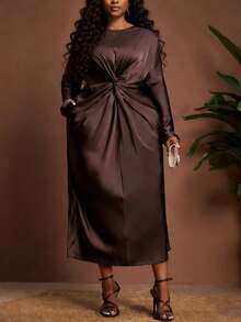 Veslaya Plus Size Spring/Autumn New Casual Elegant Commute Party Date Club Long Sleeve Twist Front Dress - Coffee Brown - View 2