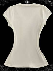 Camiseta de mujer de manga corta con cuello en V y estampado floral, adecuada para vacaciones de verano y uso diario - Blanco - Ver 2
