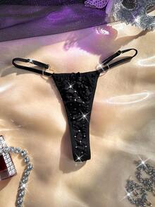 1pc Women's Sexy Mesh Rhinestone Thong Panty, Lingerie For Women,Sexy,Valentine's Day,Wedding - Black - View 1