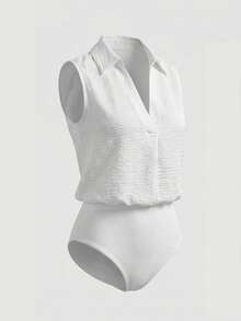 Franclia 2026 New Arrival White Loose Sleeveless Jumpsuit With Shirt Collar & V-Neck Wrinkled Fabric Casual Commuter Minimalist Vacation Style One-Piece Outfit - White - View 4